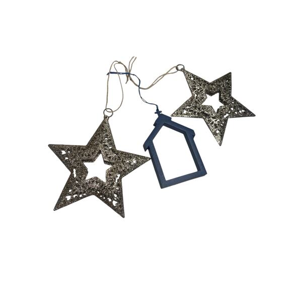 Lot of 3 Christmas Ornaments - 2 Golden stars and 1 Blue House with Cross on Top - Picture 1 of 5